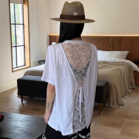 BY17017# 韩版时尚设计感假两件蕾丝拼接短袖T恤女新款休闲露背上衣潮  服裝批發女裝批發服飾貨源