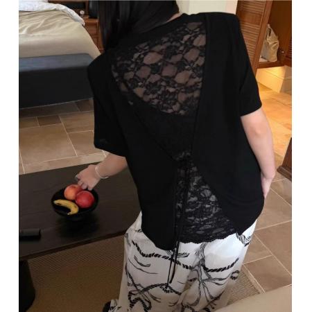 BY17017# 韩版时尚设计感假两件蕾丝拼接短袖T恤女新款休闲露背上衣潮  服裝批發女裝批發服飾貨源