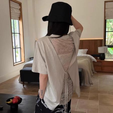 BY17017# 韩版时尚设计感假两件蕾丝拼接短袖T恤女新款休闲露背上衣潮  服裝批發女裝批發服飾貨源