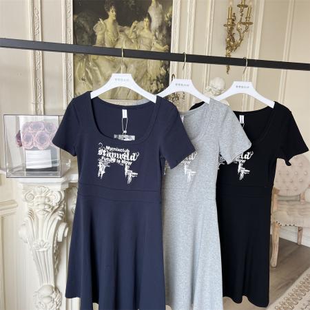 BY17020# 纯欲风方领字母连衣裙收腰显身材休闲聚会百搭a字裙  服裝批發女裝批發服飾貨源