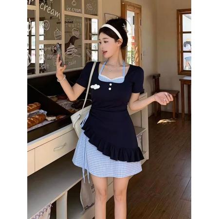 BY17021# 夏季新款大码甜欲风针织拼接短袖连衣裙修身显瘦假两件长裙女  服裝批發女裝批發服飾貨源