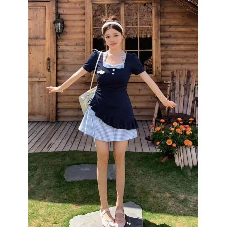 BY17021# 夏季新款大码甜欲风针织拼接短袖连衣裙修身显瘦假两件长裙女  服裝批發女裝批發服飾貨源