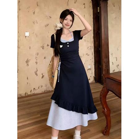 BY17021# 夏季新款大码甜欲风针织拼接短袖连衣裙修身显瘦假两件长裙女  服裝批發女裝批發服飾貨源