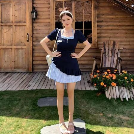 BY17021# 夏季新款大码甜欲风针织拼接短袖连衣裙修身显瘦假两件长裙女  服裝批發女裝批發服飾貨源