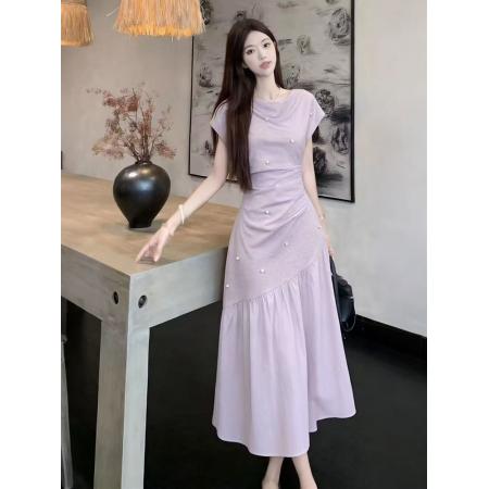 BY17022# 夏季新款胖mm设计感法式高级感荡领拼接遮肉显瘦连衣裙长裙子  服裝批發女裝批發服飾貨源