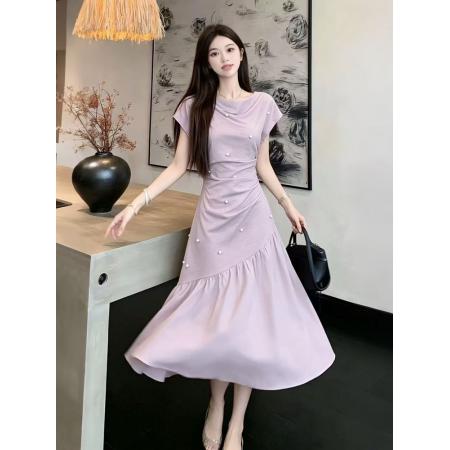 BY17022# 夏季新款胖mm设计感法式高级感荡领拼接遮肉显瘦连衣裙长裙子  服裝批發女裝批發服飾貨源