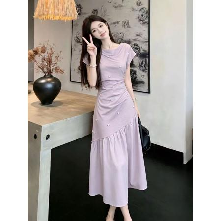 BY17022# 夏季新款胖mm设计感法式高级感荡领拼接遮肉显瘦连衣裙长裙子  服裝批發女裝批發服飾貨源