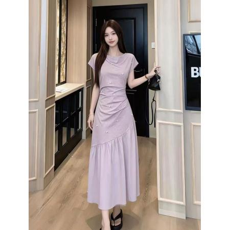 BY17022# 夏季新款胖mm设计感法式高级感荡领拼接遮肉显瘦连衣裙长裙子  服裝批發女裝批發服飾貨源