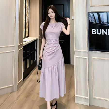 BY17022# 夏季新款胖mm设计感法式高级感荡领拼接遮肉显瘦连衣裙长裙子  服裝批發女裝批發服飾貨源