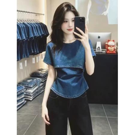 BY17023# 时尚潮流设计感斜肩牛仔上衣女夏季新款宽松小众蓝色短袖衬衫  服裝批發女裝批發服飾貨源