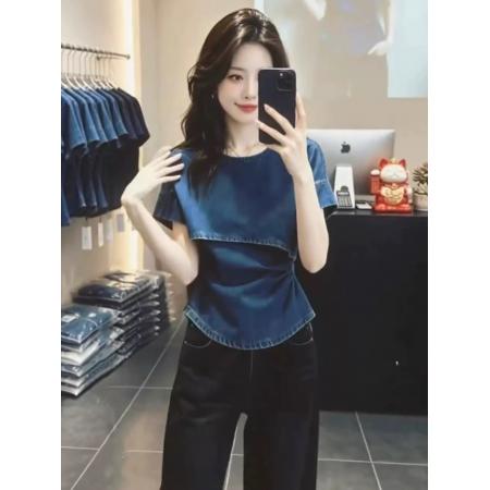 BY17023# 时尚潮流设计感斜肩牛仔上衣女夏季新款宽松小众蓝色短袖衬衫  服裝批發女裝批發服飾貨源