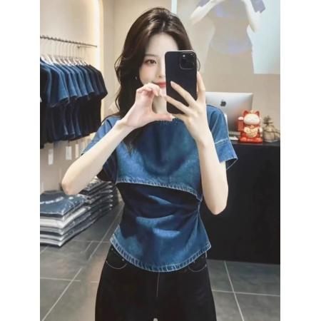 BY17023# 时尚潮流设计感斜肩牛仔上衣女夏季新款宽松小众蓝色短袖衬衫  服裝批發女裝批發服飾貨源