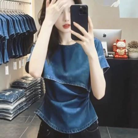 BY17023# 时尚潮流设计感斜肩牛仔上衣女夏季新款宽松小众蓝色短袖衬衫  服裝批發女裝批發服飾貨源