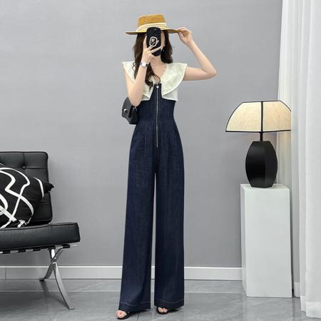 BY17025# 休闲连体裤女夏季新款设计感荷叶边V领连衣裤高腰直筒裤长裤  服裝批發女裝批發服飾貨源