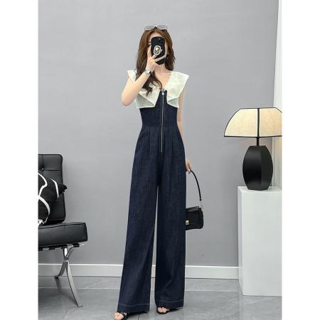 BY17025# 休闲连体裤女夏季新款设计感荷叶边V领连衣裤高腰直筒裤长裤  服裝批發女裝批發服飾貨源