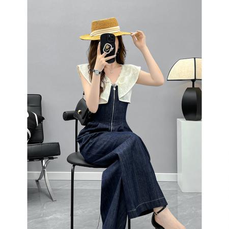 BY17025# 休闲连体裤女夏季新款设计感荷叶边V领连衣裤高腰直筒裤长裤  服裝批發女裝批發服飾貨源