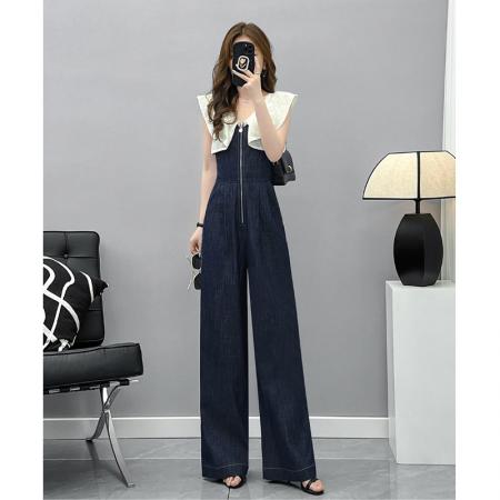 BY17025# 休闲连体裤女夏季新款设计感荷叶边V领连衣裤高腰直筒裤长裤  服裝批發女裝批發服飾貨源