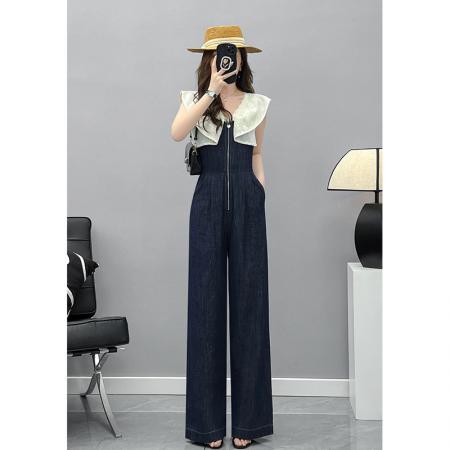 BY17025# 休闲连体裤女夏季新款设计感荷叶边V领连衣裤高腰直筒裤长裤  服裝批發女裝批發服飾貨源