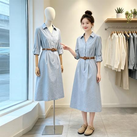BY17026# 长袖衬衫连衣裙女春夏季新款高级感通勤洋气休闲收腰a字裙子  服裝批發女裝批發服飾貨源