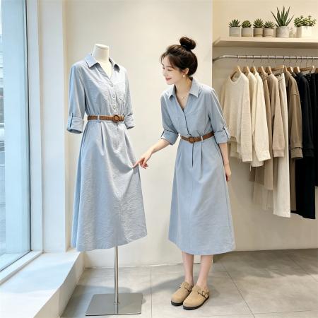 BY17026# 长袖衬衫连衣裙女春夏季新款高级感通勤洋气休闲收腰a字裙子  服裝批發女裝批發服飾貨源