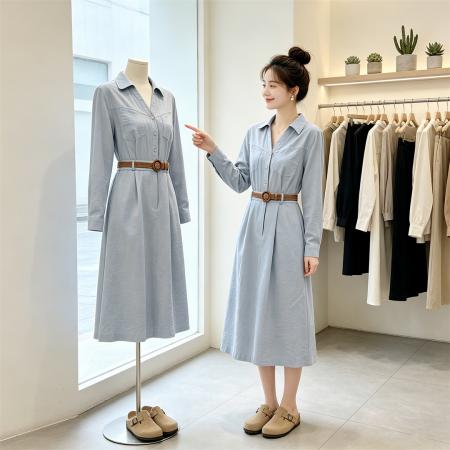 BY17026# 长袖衬衫连衣裙女春夏季新款高级感通勤洋气休闲收腰a字裙子  服裝批發女裝批發服飾貨源