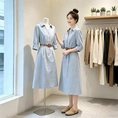 BY17026# 长袖衬衫连衣裙女春夏季新款高级感通勤洋气休闲收腰a字裙子  服裝批發女裝批發服飾貨源