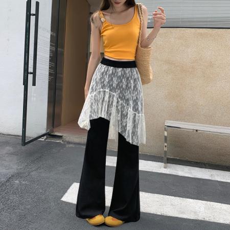 BY17027# 小众蕾丝拼接假两件阔腿裤女新款韩系宽松百搭喇叭长裤屁帘裤  服裝批發女裝批發服飾貨源