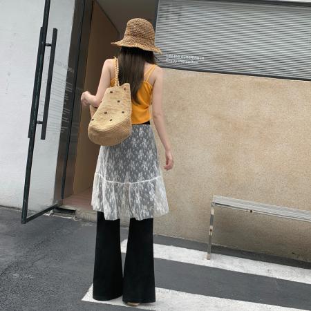 BY17027# 小众蕾丝拼接假两件阔腿裤女新款韩系宽松百搭喇叭长裤屁帘裤  服裝批發女裝批發服飾貨源