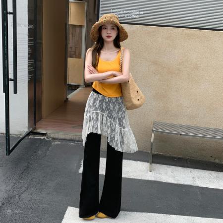 BY17027# 小众蕾丝拼接假两件阔腿裤女新款韩系宽松百搭喇叭长裤屁帘裤  服裝批發女裝批發服飾貨源