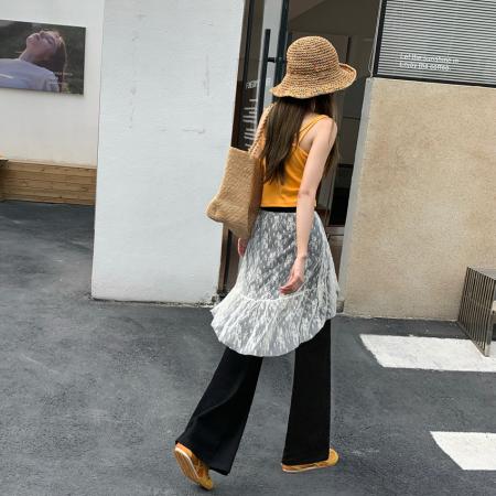 BY17027# 小众蕾丝拼接假两件阔腿裤女新款韩系宽松百搭喇叭长裤屁帘裤  服裝批發女裝批發服飾貨源