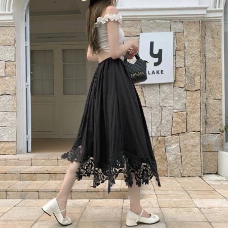 BY17028# 小众设计感镂空蕾丝刺绣拼接中长半身裙女夏不规则高腰a字裙  服裝批發女裝批發服飾貨源