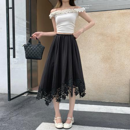 BY17028# 小众设计感镂空蕾丝刺绣拼接中长半身裙女夏不规则高腰a字裙  服裝批發女裝批發服飾貨源