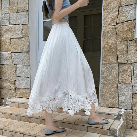 BY17028# 小众设计感镂空蕾丝刺绣拼接中长半身裙女夏不规则高腰a字裙  服裝批發女裝批發服飾貨源