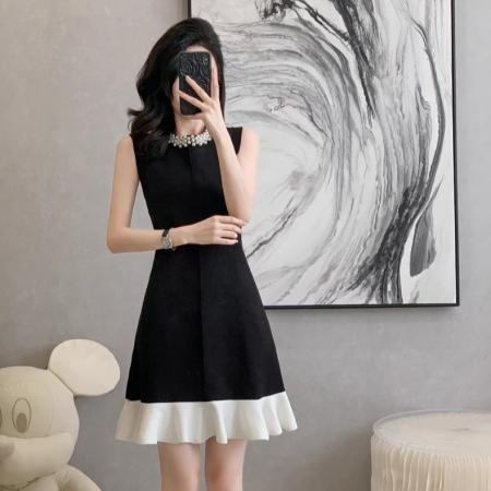 BY17030# 法式小香风撞色无袖连衣裙女夏季新款设计感收腰显瘦小黑裙女  服裝批發女裝批發服飾貨源