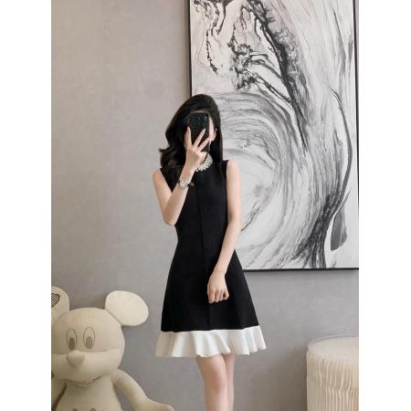 BY17030# 法式小香风撞色无袖连衣裙女夏季新款设计感收腰显瘦小黑裙女  服裝批發女裝批發服飾貨源