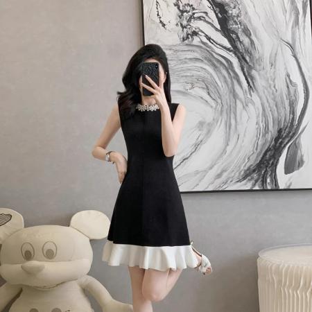 BY17030# 法式小香风撞色无袖连衣裙女夏季新款设计感收腰显瘦小黑裙女  服裝批發女裝批發服飾貨源