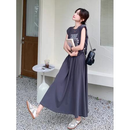 BY17036# ins风穿搭灰色t恤配裙子女夏两件套新款超火休闲减龄长裙套装  服裝批發女裝批發服飾貨源