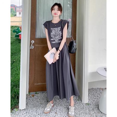 BY17036# ins风穿搭灰色t恤配裙子女夏两件套新款超火休闲减龄长裙套装  服裝批發女裝批發服飾貨源