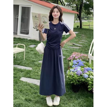 BY17037# 美式运动套装女夏季藏蓝色短袖半身裙学生宽松显瘦休闲两件套  服裝批發女裝批發服飾貨源