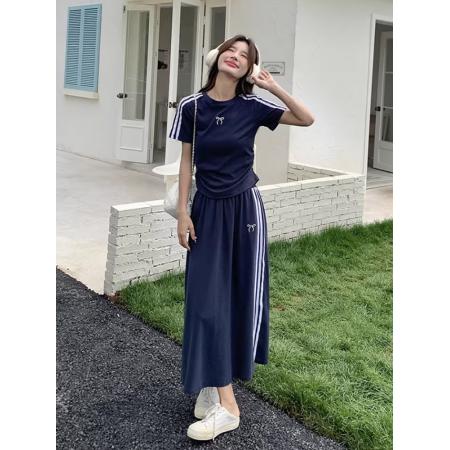 BY17037# 美式运动套装女夏季藏蓝色短袖半身裙学生宽松显瘦休闲两件套  服裝批發女裝批發服飾貨源