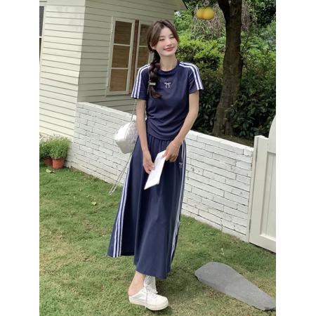 BY17037# 美式运动套装女夏季藏蓝色短袖半身裙学生宽松显瘦休闲两件套  服裝批發女裝批發服飾貨源