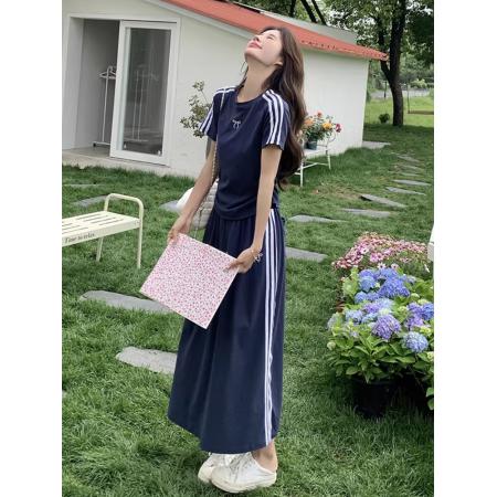 BY17037# 美式运动套装女夏季藏蓝色短袖半身裙学生宽松显瘦休闲两件套  服裝批發女裝批發服飾貨源