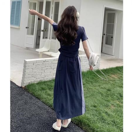 BY17037# 美式运动套装女夏季藏蓝色短袖半身裙学生宽松显瘦休闲两件套  服裝批發女裝批發服飾貨源