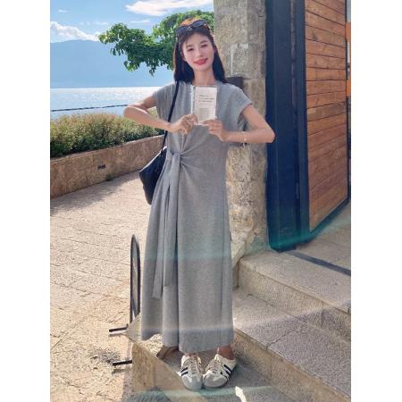 灰色小众设计感连衣裙女中长款夏季新款法式显瘦垂坠感T恤裙  服裝批發女裝批發服飾貨源
