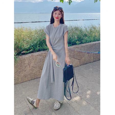 灰色小众设计感连衣裙女中长款夏季新款法式显瘦垂坠感T恤裙  服裝批發女裝批發服飾貨源