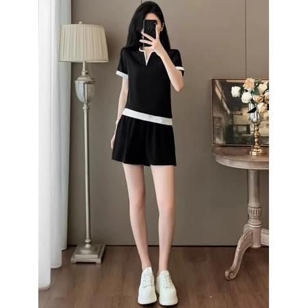 高端撞色V领短袖短裤休闲运动套装女夏季穿搭一整套减龄  服裝批發女裝批發服飾貨源