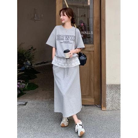 灰色蕾丝拼接字母短袖t恤套装裙女夏季新款休闲半身裙两件套  服裝批發女裝批發服飾貨源