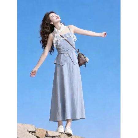 韩系小清新设计感花边蕾丝吊带上衣女简约百搭显瘦半身裙时尚套装  服裝批發女裝批發服飾貨源