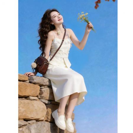 BY17044# 韩系小清新设计感花边蕾丝吊带上衣女简约百搭显瘦半身裙时尚套装  服裝批發女裝批發服飾貨源