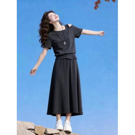 韩系简约深灰露肩短袖T恤+半身裙高腰长裙两件套装女夏季  服裝批發女裝批發服飾貨源